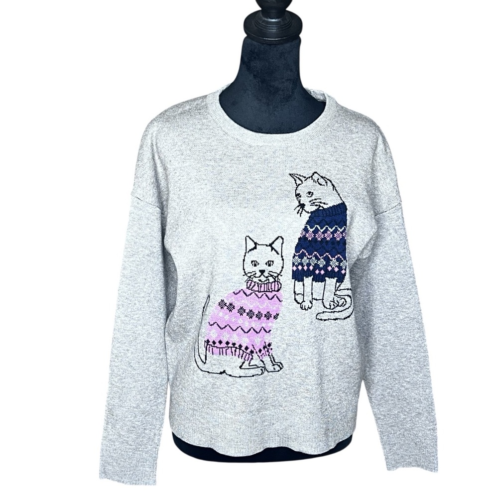 BELLDINI Cat Sweater Heather Grey Crew Neck Longsleeve Cozy Crop Sweater M